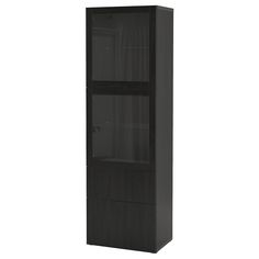 a tall black cabinet with two doors and shelves on each side, in front of a white background