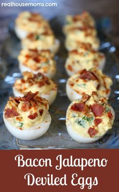 bacon jalapeno deviled eggs on a baking sheet with text overlay