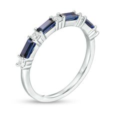 Sapphire Push Present, Sapphire Engagement Ring With Band, Blue Topaz And Diamond Ring, Modern Sapphire Baguette Cut Ring, Lab-created Sapphire Ring In Baguette Cut, Baguette Cut Sapphire Ring, Fine Jewelry White Gold Sapphire Ring With Baguette Diamonds, Baguette Cut Sapphire Ring With Diamond Accents, White Gold Sapphire Ring With Baguette Diamonds