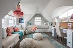 an attic bedroom with white furniture and bright colors on the walls, carpeted floor