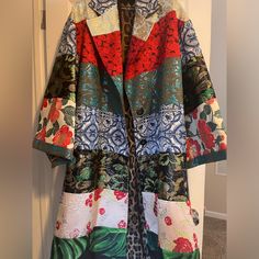 As Seen On The 2022 Runway!!! Beautiful Mid-Weight Silk Blend Coat. Size 46 And Fits Size 10-16 (Depending On How Oversized Your Preference). This Coat Was $12k On The Dg Website And I Am Bringing It To You Here All The Way From Sweden At A Fraction. Designer Floral Print Outerwear For Work, Elegant Patchwork Outerwear For Spring, Elegant Multicolor Long Sleeve Outerwear, Designer Floral Print Workwear Outerwear, Elegant Multicolor Silk Outerwear, Chic Multicolor Patchwork Outerwear, Elegant Multicolor Floral Print Outerwear, Dolce Gabbana Jacket, Patchwork Coat