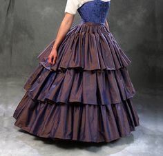 c.1860 Civil War Debutante Ball Blue Silk Ruffled Skirt and Hoop Petticoat. Early 20th Century Fashion, Hoop Petticoat, Debutante Ball, Hoop Skirt, Ruffled Skirt, Historical Dresses, Silk Charmeuse, Historical Clothing, Historical Fashion