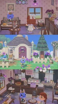 there are two pictures of the same room in animal crossing, and one has a cat