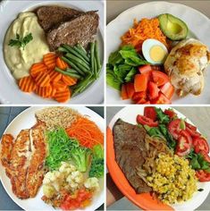 four pictures of different types of food including meat, vegetables and eggs on plates with sauces