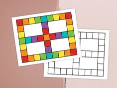 two pieces of paper with different colored squares on them, one is white and the other is pink