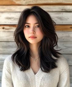 Fashionable Textured Shag with Dark Fall Hair Colors Asian. Asian Haircut Women Round Faces, Korean Hair Volume, Asian Hair Hairstyles, Medium Haircut Asian, Medium Length Asian Haircut, Hair For Asian Women, Shaggy Cut Medium, Asian Shag Haircut, Medium Hair Asian