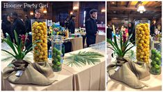 two pictures of corn on the cob with people in the background at a party