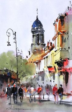 watercolor painting of people walking down the street