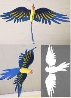 two pictures of blue and yellow parrots flying in the air with their wings spread out