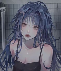 a woman with blue hair in a bathroom next to a shower head and hand on her hip