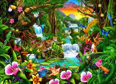 a painting of flowers and animals in the jungle