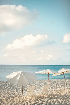 beach chairs and umbrellas are lined up on the sand