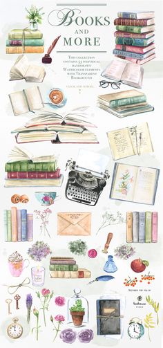 a poster with many different books and flowers on it's side, including an old type