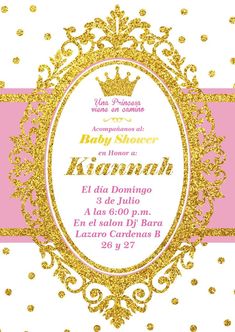 a pink and gold baby shower with a crown on the front, in an ornate frame