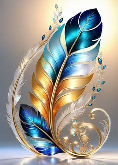 a golden and blue feather with jewels on it