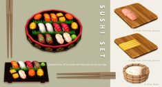 an image of sushi set with chopsticks on the side and other items