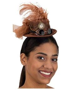 Put the perfect finishing touch on your Steampunk costume with this brown mini hat on a headband. Hat features fabric covered headband, feathers tulle, lace, watch decoration and mini goggles in black or brown. This mini hat is perfect for steampunk, Victorian, witch, Halloween, theatrical productions, cosplay and more. One size fits most Adults and Teens. Other steampunk costumes and accessories are sold separately on our page - subject to availability. Bruja Halloween, Top Hat Headband, Victorian Witch, Steampunk Top, Steampunk Top Hat, Headband Hat, Steampunk Hat, Hat Headband, Mini Hat