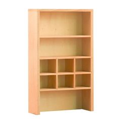 a bookcase with several compartments on the front and bottom shelves, all in light wood