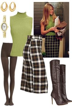 Dress like Rachel Green by copying her iconic outfits from "Friends"! This office siren style outfit with tartan-like pencil skirt and green turtleneck top has been a fashion inspiration for generations since the 90s! Green Top Skirt Outfit, Rachel Green Outfits Thanksgiving, How To Dress Like 90s Outfit, Blouse And Pencil Skirt Outfit, Fun 90s Outfit, Rachel Green Christmas Outfit, 90s Green Outfit, Fun Elegant Outfit, Rachel Green Turtleneck