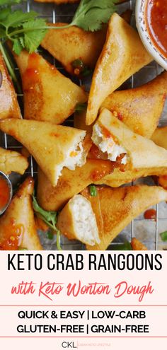 keto crab rangoons on a cooling rack with dipping sauce