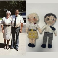 two people standing next to each other with crocheted dolls