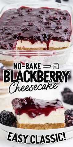 no - bake blackberry cheesecake with berries in the background and text overlay