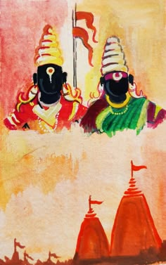 two black figures are standing in front of an orange and yellow background with red shapes