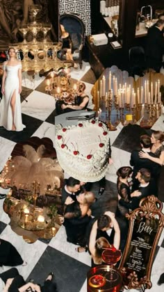 a group of people sitting around a cake on top of a checkered floor