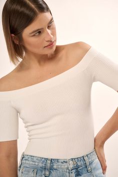 Shaper Fit Off-Shoulder Rib-Knit Bodysuit - ShopPromesa Off-shoulder Stretch Bodysuit, Stretch Elastane Off-shoulder Bodysuit, Stretch Off-shoulder Elastane Bodysuit, Fitted Off-shoulder Knit Top, Summer Ribbed Bodycon Tops, Ribbed Bodycon Summer Tops, Ribbed Bodycon Tops For Summer, Chic Seamless Bodycon Top, Elegant Ribbed Off-shoulder Tops