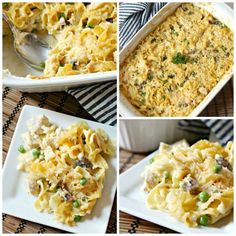 four different pictures of food including pasta, peas and meat in a casserole dish