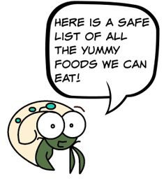 an image of a cartoon character saying, here is a safe list of all the yummy foods we can eat