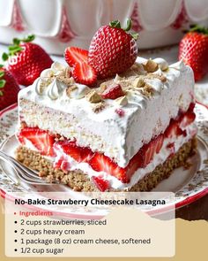 no - bake strawberry cheesecake lasagna on a plate with strawberries