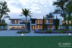 this is an artist's rendering of a modern house in the evening time with palm trees and landscaping