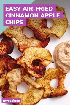 the cover of an easy air - fried cinnamon apple chips recipe is shown on a plate