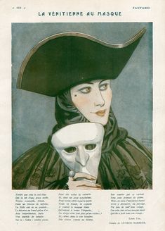 a woman in a black hat with a white mask on her face and the words la venttiene au masque written below