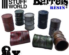 an assortment of barrels are shown with the words rusted world written below them in black and white