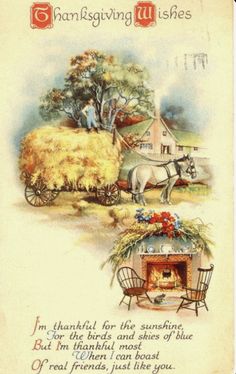 an old fashioned christmas card with a horse drawn carriage and hay bales on it