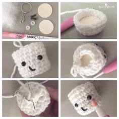 the instructions for crochet are shown in four different pictures, including yarn and scissors