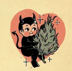 a drawing of a devil holding a christmas tree