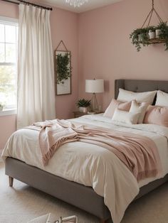 a bedroom with pink walls and white bedding, potted plants on the window sill