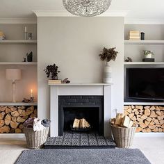 a living room filled with furniture and a fire place in front of a flat screen tv