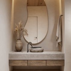 a bathroom sink with a mirror above it and a potted plant on the counter