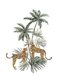 two cheetah in the jungle with palm trees and leaves on a white background