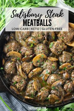 steak meatballs in a skillet with mushrooms and parsley