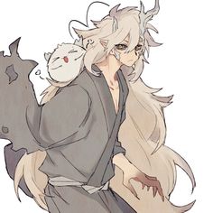 an anime character with white hair holding a cat