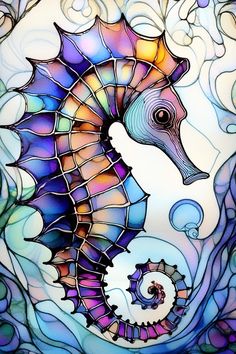 a colorful sea horse standing on top of a wave