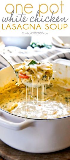 one pot white chicken lasagna soup in a casserole dish with a spoon