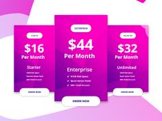 three purple pricing banners with the words $ 16 per month and under $ 42 per month