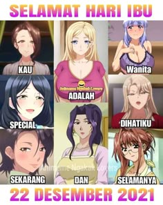 some anime characters with different expressions on their faces and the words selamat hari ibu