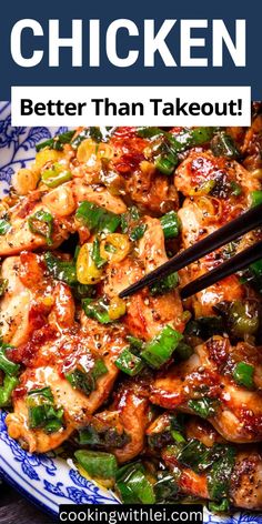 chicken stir fry with green peppers and onions in a blue and white bowl with chopsticks